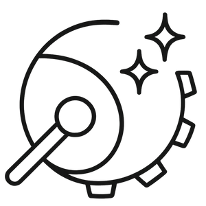 dame un logo minimalista en color negro y fondo transparente que indique restauración del brillo en una pieza metalica